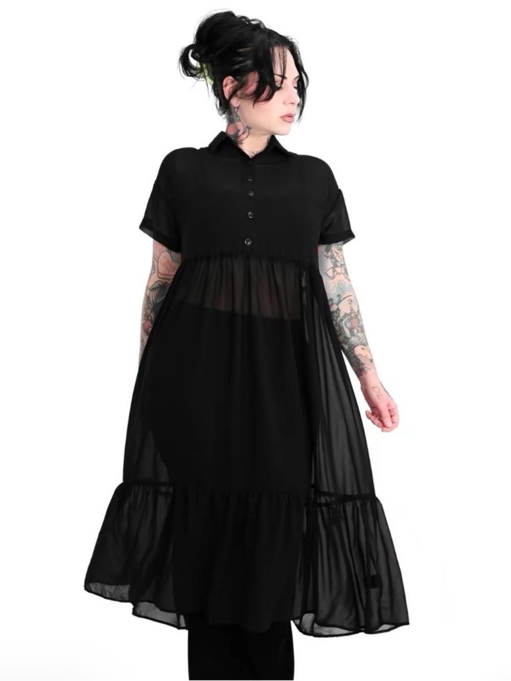 Foxblood Dekota chiffon dress Sheer Black Short-Sleeve Tiered Midi Dress - Black